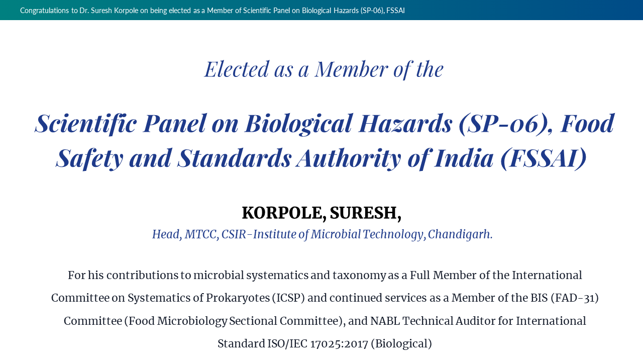 Dr Suresh Korpole elected on Scientific panel on Biological Hazards (SP-06) of Food Safety and Standards Authority of India (FSSAI)